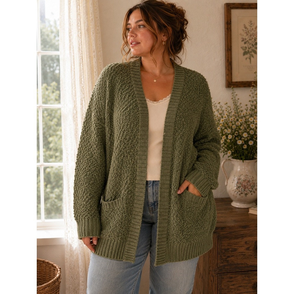 Zenana Premium Olive Green Popcorn Knit Open Front Cardigan Plus Size 1X Boho